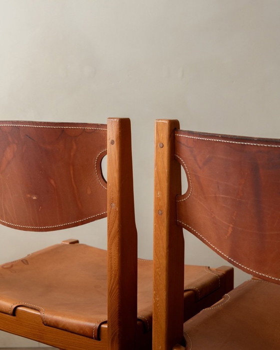 Image 1 of Brutalistische eetkamerstoelen van iepenhout en leer van Maison Regain, jaren 70, set van 4
