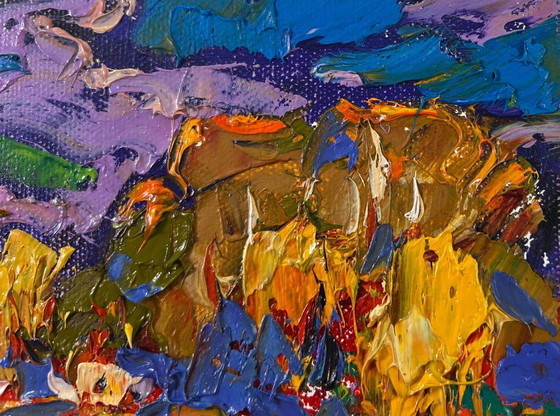 Image 1 of Original Oil Painting Colorful Autumn Landscape Under yellow leaves