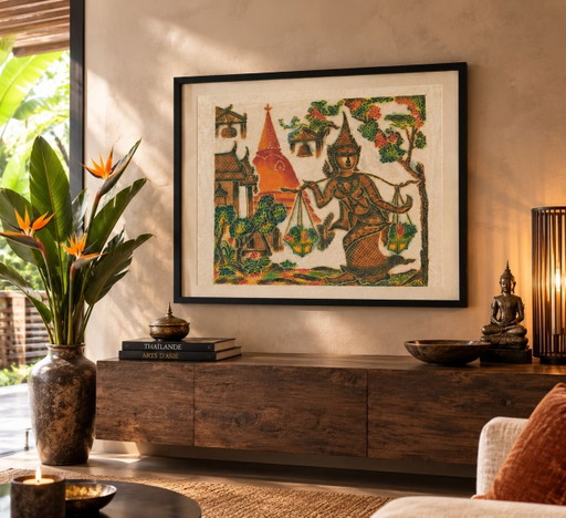 Großer polychromer thailändischer Tempel-Frottage auf Maulbeerpapier, seltenes Galerieobjekt
