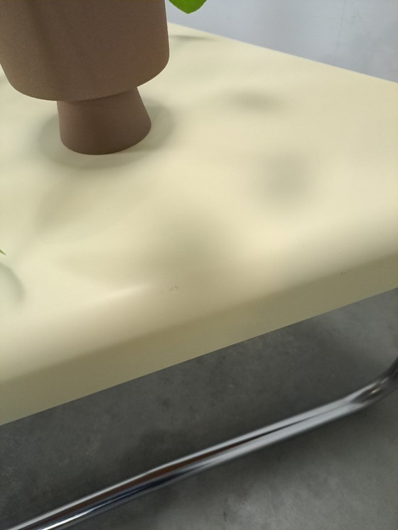 Image 1 of Space age triangular plastic table with chrome tubular frame legs