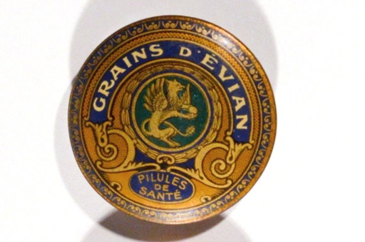 Antique Metal Medical Box for Evian Water Pills, 6x2cm – decoratieve objecten
