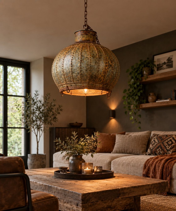 Beautiful Indian Water Jug Lamp, Industrial, Original And Authentic! – Pendant lamps, polished steel, Metal (photo 2 of 5)