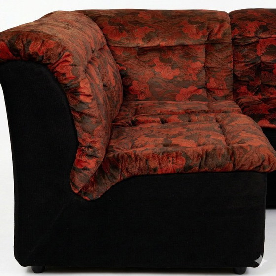 Image 1 of Modular Sofa Set (7 Pieces) — Velour Upholstery in Red-Orange Floral Patter