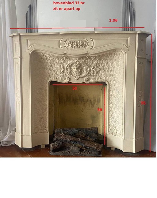 French Fireplace Of Cast Iron Color Ecru Powdered, Beautiful Relief Flower Vines.