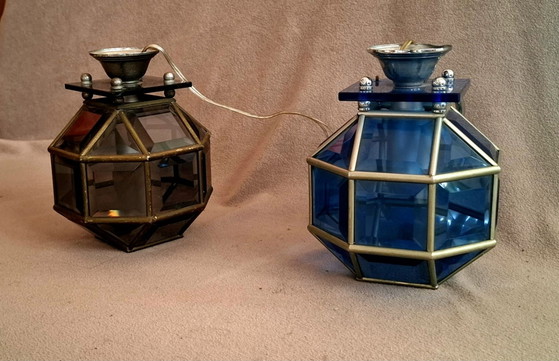 Lampadari tipo lanterna in stile Fontanarte  anni 60s, Lampade a sospensione, Vetro, Cromo, Blu (foto 6 di 7)