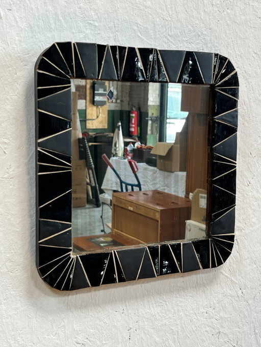 Miroir vintage avec bordure en céramique, carré ou losange, années 1960