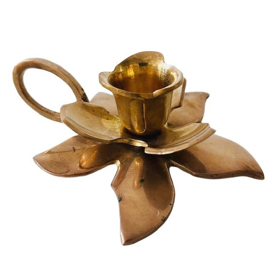 Image 1 of Vintage Brass flower candlestick with handle 1960's