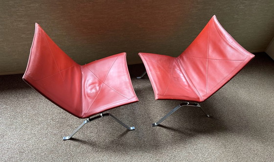 Poul Kjærholm PK 22 E. Kold Christensen Ensemble de 2 fauteuils lounge, Cuir, polished steel, Rouge (photo 3 sur 10)