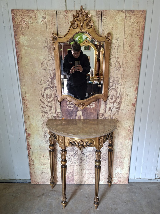 Image 1 of Antique Baroque wall console, side table. Hall table with mirror, dimensions: 71x38 cm and 82 cm high.