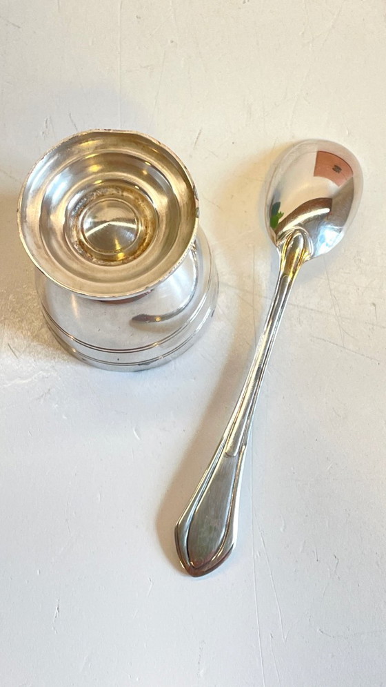 Image 1 of Vintage Silver-Plated Metal Egg Cup and Spoon for Birth