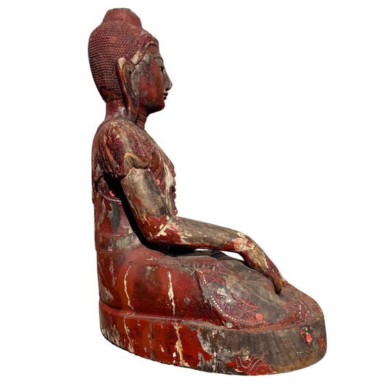 Antique Wooden Buddha Statue from Burma - Large Mandalay Buddha with Mirror Inlay – Sculpture (photo 7 of 18)