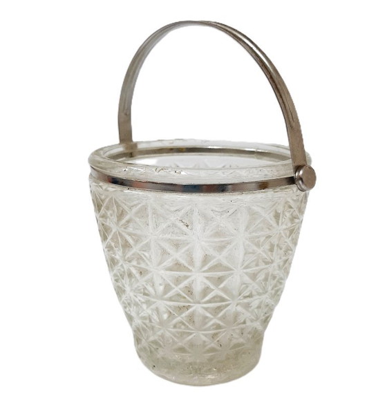 Image 1 of Vintage clear cut or pressed glass ice bucket with a metal handle