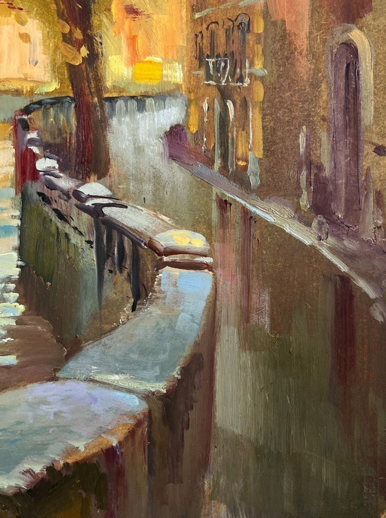 Image 1 of Original Oil Painting City River Landscape City alley with a river