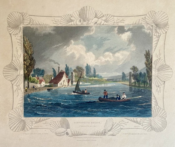 Image 1 of Pair of Antique Hand-Coloured English Engravings by Tombleson – Marlow & Henley – Framed Views of the Thames – c.1830-1850