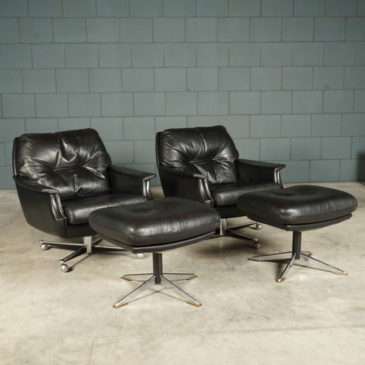 Set Vintage Leather Swivel Armchairs With Hocker - 1970s