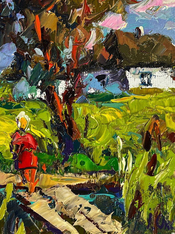 Image 1 of Dipinto ad olio originale: Paesaggio rurale, passeggiata lungo un sentiero di legno.