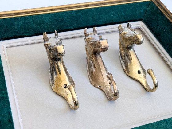 Image 1 of Set of 3 Vintage Brass Horse Head Wall Hooks Equestrian Heritage Accent