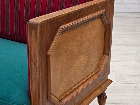 Image 1 of 1950s, Danish 2 seater drop arm sofa, original striped red furniture wool, oak wood.