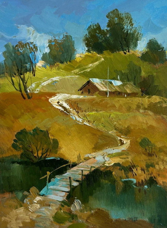 Image 1 of Origineel olieverfschilderij: Dorpsbrug, Landschapspad langs het dorp