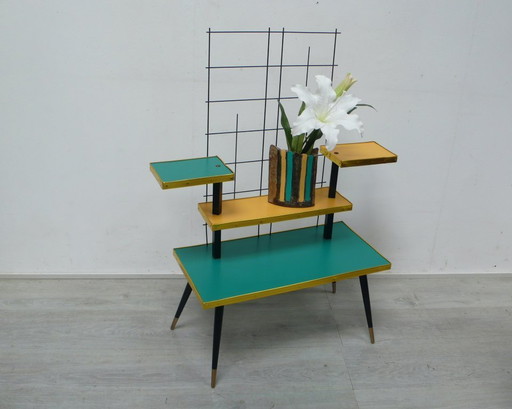 60's Présentoir à fleurs Table à fleurs Etagère 4 niveaux rectangulaires, pétrole et jaune foncé, Mid Century Modern