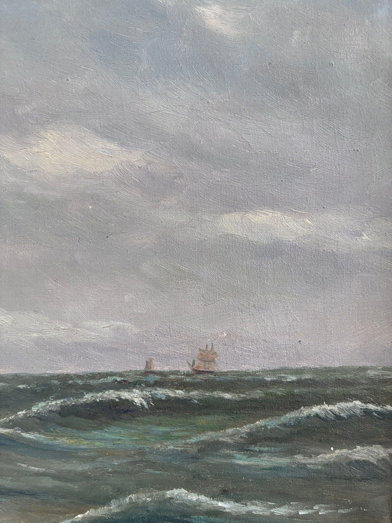 Image 1 of Peinture à l'huile originale vintage représentant une marine, signée, paysage côtier