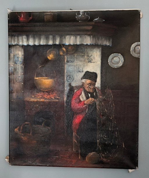 Oil painting of a fisherman mending a net, signed Hansen, 60 × 50 cm, vintage – schilderijen tekeningen, Canvas, Wood