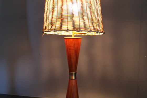 Image 1 of 1960s Parker Knoll Wooden Table Lamp with wicker shade, Britain