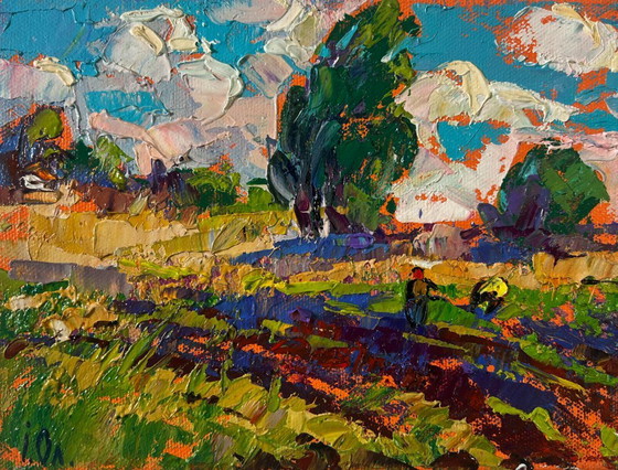 Image 1 of Original Oil Painting Summer Field Landscape The beginning of the harvest in the garden