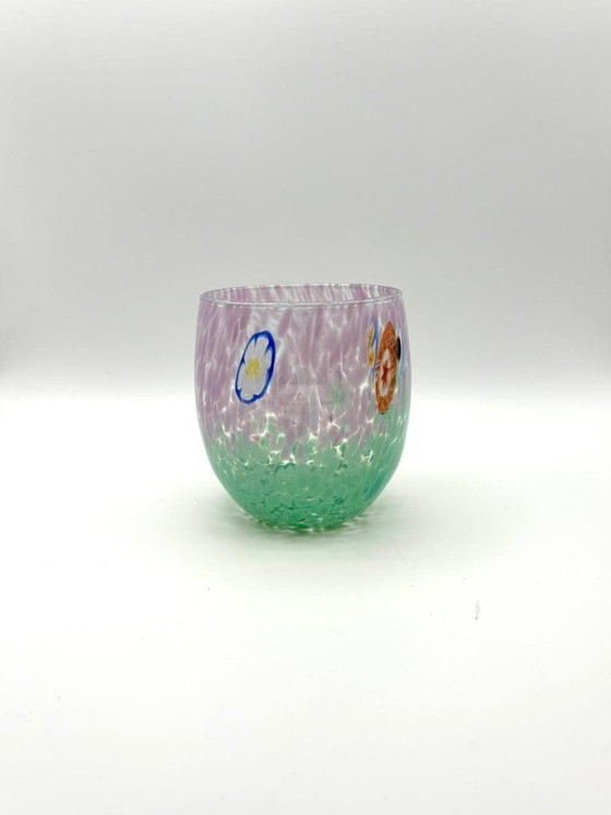 Image 1 of Set van 6 Venetiaanse glazen van geblazen glas met Murano-effect (murrine) in het glas verwerkt, handgemaakt in Italië.