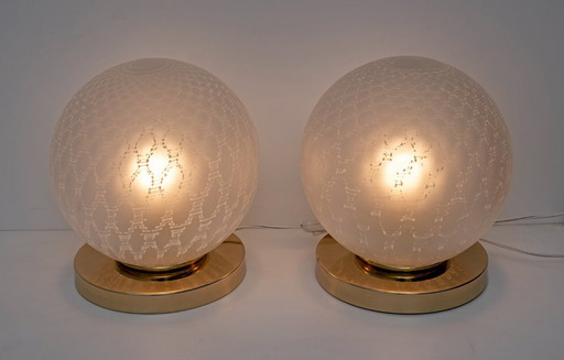 Pair of Mid-Century Modern Italian Brass and Murano Glass Ball Table Lamps, 70s