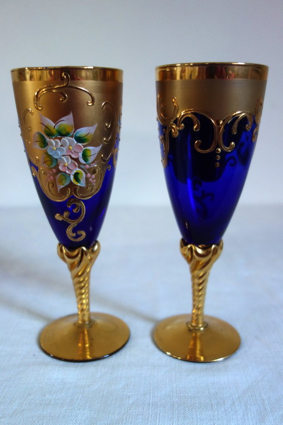 12 flûtes verre de Murano bleu cobalt et or mid century, Verres et carafes (photo 6 sur 12)