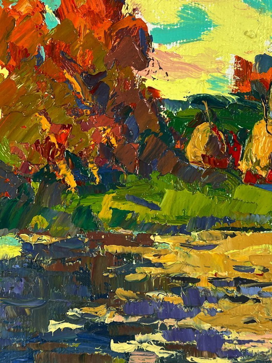 Image 1 of Peinture à l'huile originale représentant un paysage naturel, un bateau et un coucher de soleil se reflétant sur la rivière.