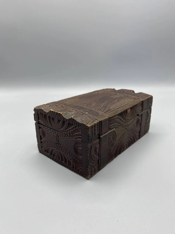 Brown Carved Wooden Box with Relief Scroll and Foliate Decoration, Gilded Brass Hardware, 20th Century (photo 2 of 4)