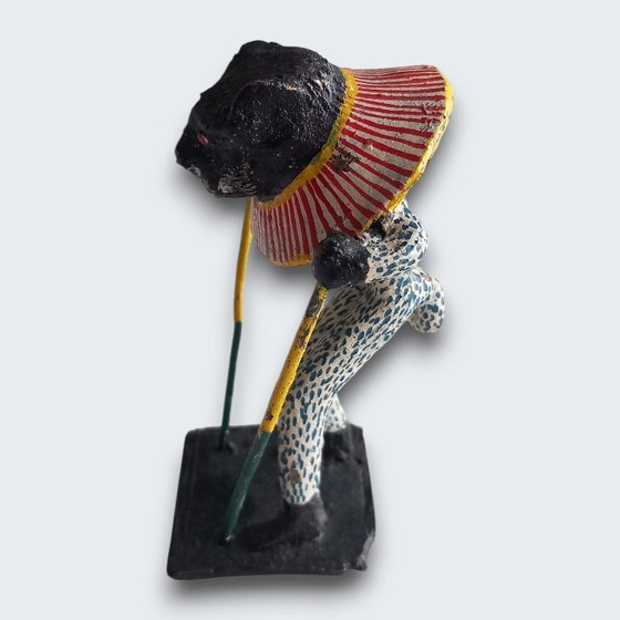 Image 1 of Ensemble de cinq statues figuratives africaines en métal peint à la main – têtes d'animaux – Afrique
