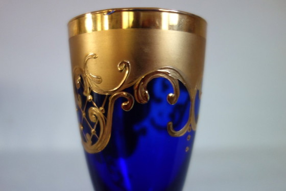 12 flûtes verre de Murano bleu cobalt et or mid century, Verres et carafes (photo 10 sur 12)