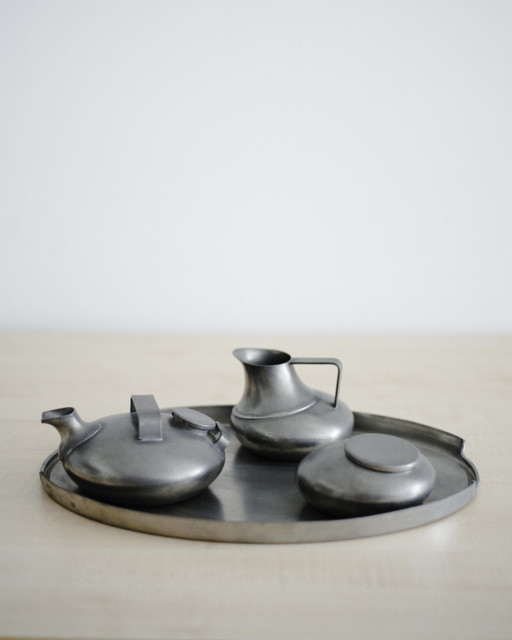 Juego de mesa de té/café Fornasari, fabricado en Italia en la década de 1970, 95 % peltre. – tafelwaar, Metal