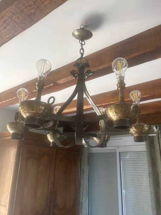 Grande complesso Art Déco in ferro battuto e bronzo: lampadario a 6 luci e 2 applique (firmato BRÉ MAX) – kroonluchters
