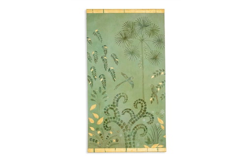 Painted canvas, or decorative panel, Parrots and foliage. Contemporary.