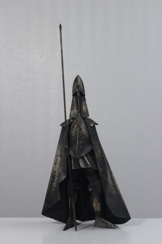 Image 1 of Vintage patinated welded iron sculpture of a warrior with a spear, 20th century