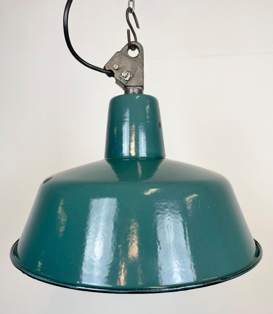 Image 1 of Industrial Petrol Enamel Factory Lamp with Cast Iron Top, 1960s