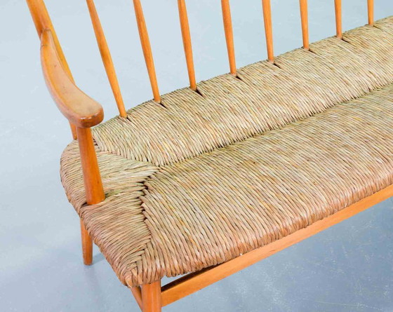 Image 1 of Large Mid-Century Design Spindle Back Bench with Rush Wickered Seatings in Style of Arno Lambrecht. Germany, 1950s. 