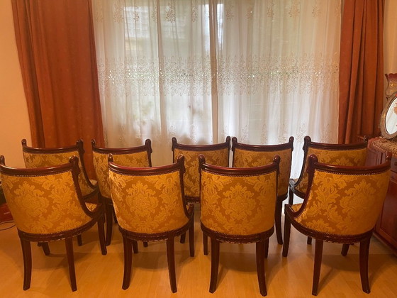 Set di 12 Sedie da Pranzo Stile Impero – Intagli a Collo di Cigno – Textile, Wood (photo 10 of 12)
