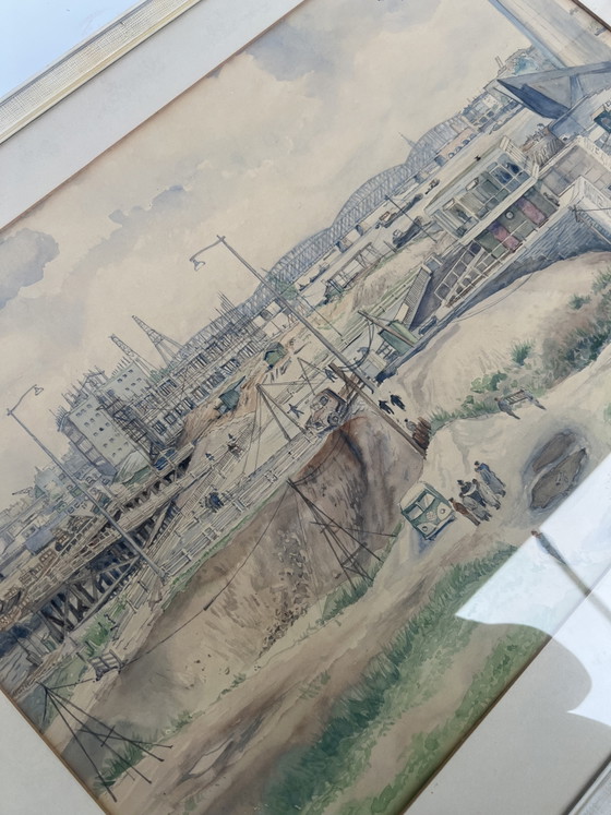 Image 1 of Watercolor Rotterdam Port/Maas Bridges - Chris Schut 1959