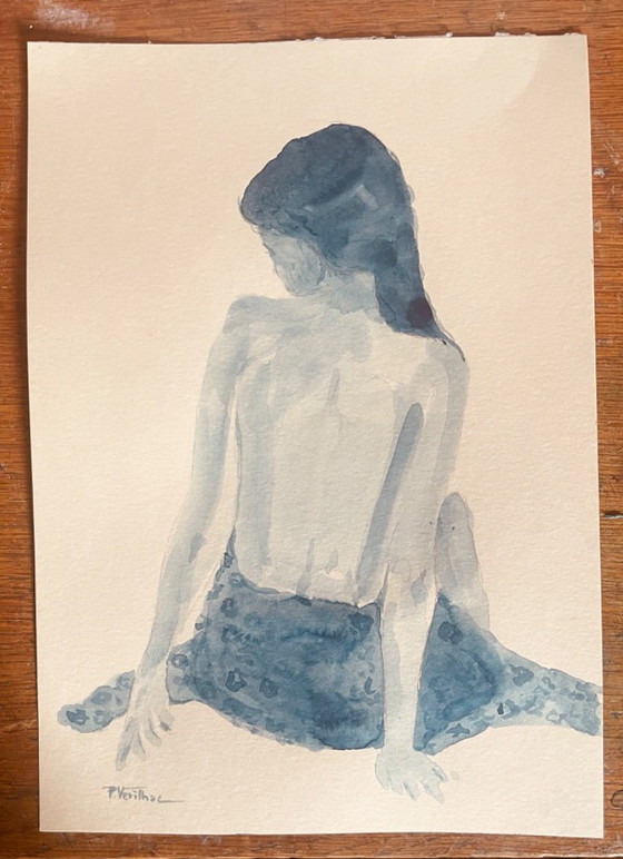 Image 1 of Indigo blue watercolor painting of a woman from behind, wearing a fouta towel, in a hammam.