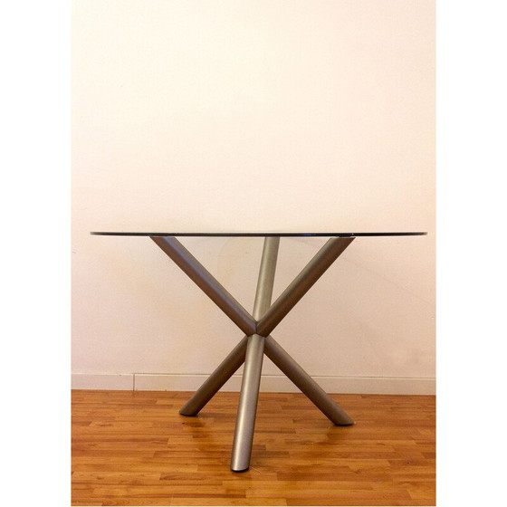 Image 1 of Vintage Round Dining Room Table in Smoked Glass and Chrome Steel, Italy 1970s