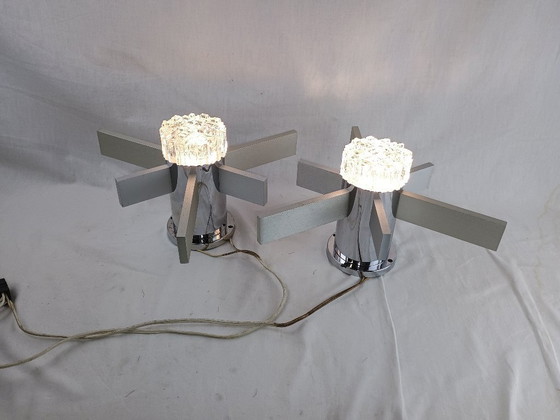 Image 1 of Pair Mid Century Italian Chrome & Glass Wall Sconces 1960s Space Age Sciolari