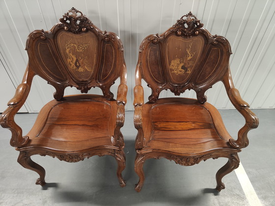 Image 1 of Set di 2 sedie e 1 divano, in stile antico cinese/francese Napoleone 111. Set ristrutturato.