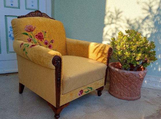 Image 1 of Fauteuil vintage de style Louis XV/rococo – Restauré, brodé à la main