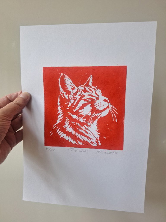 Linoprint 'Red Cat' – Y. Jasperse, Kunst, Papier (photo 8 of 8)