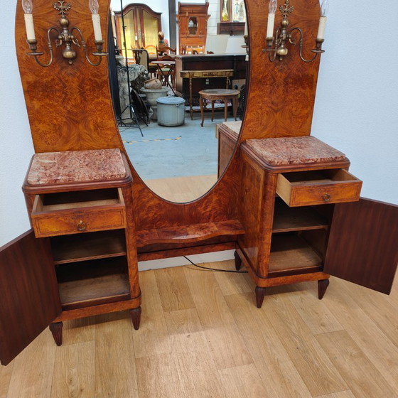Image 1 of Coiffeuse Art Déco vintage, meuble de chambre, table de maquillage, plateau en marbre